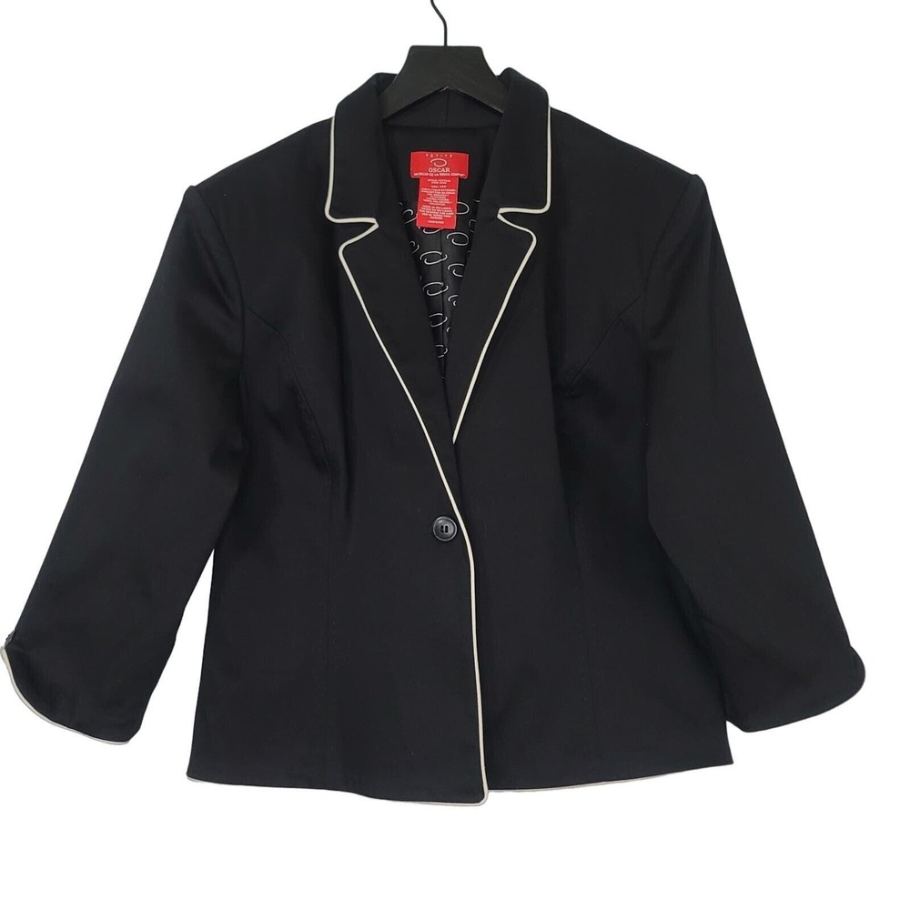 Oscar‎ de la Renta Blazer Black White Piping Office Career One Button 12P Petite